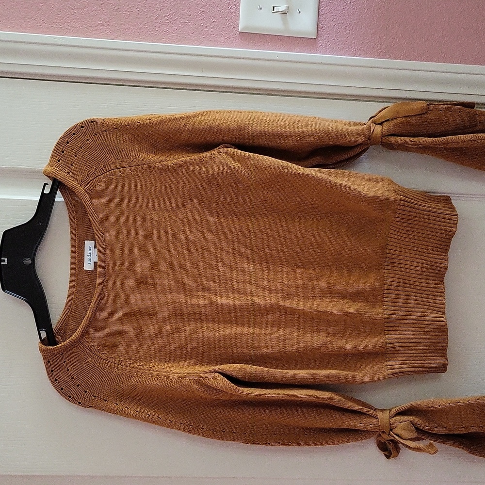 Sundance Aryka Wool Blend Sweater Mustard Pullover Tied Sleeves Size Small